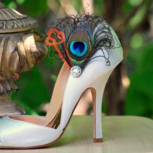 Clip per scarpe iridescenti Peacock & Orange. Elegante Couture Femminile, Statement Burlesque Boudoir, Sposa Sposa Sposa Damigella d&#39;Onore, Argento Metallic Gem