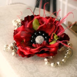 Classy Red Black Silk Flower Brooch Pin / Fascinator Hair Clip / Comb. Sophisticated Handmade Spring Wedding Stylish Lapel Corsage Barrette image 2