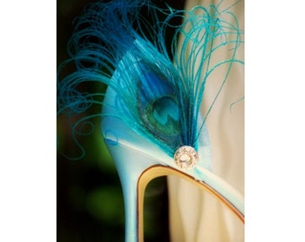 Something Blue Shoe Clips. Turquoise Peacock & Rhinestone Gem, Elegant Big Day, Couture Statement Stunning Boudoir, Bride Bridal Bridesmaid