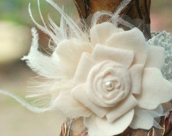 Ivory HAIR CLIP. White Black Aqua Flower. Brooch Pin, Barrette, Comb. Spring Chic Couture Bridal Bridesmaid. Pearl Feather Statement Rosette