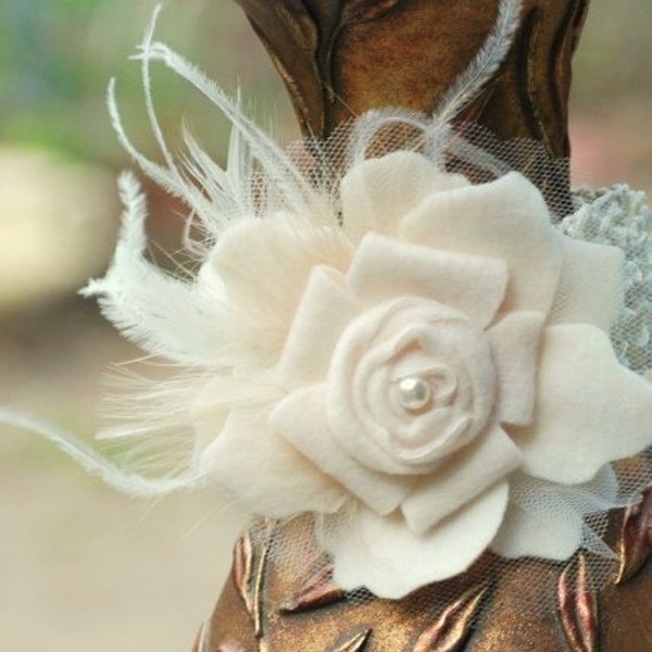 Ivory HAIR CLIP. White Black Aqua Flower. Brooch Pin, Barrette, Comb. Spring Chic Couture Bridal Bridesmaid. Pearl Feather Statement Rosette