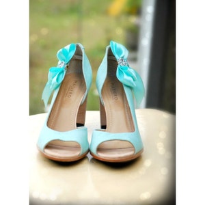 Shoe Clips Aqua Blue. Sprakly White Bow. Shiny Rhinestone Satin Ribbon. Wedding Bridal Bride Couture, More Teal Sage Pink Black Ivory Purple