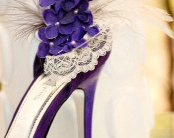 Shoe Clips Ivory & Purple Hydrangeas / Lace. Elegant Wedding, Bridal Shower Gift Idea. Pearls Feathers Tulle Couture, Country Rustic Brides