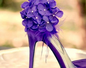 Hydrangeas Shoe Clips. Royal Purple / Blue / Red. Pearl & Feather. Sophisticated Bride Bridal Bridesmaid Couture Wedding, Bloom Bunch Petals