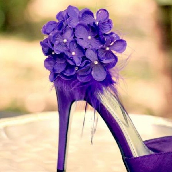 Hydrangeas Shoe Clips. Royal Purple / Blue / Red. Pearl & Feather. Sophisticated Bride Bridal Bridesmaid Couture Wedding, Bloom Bunch Petals