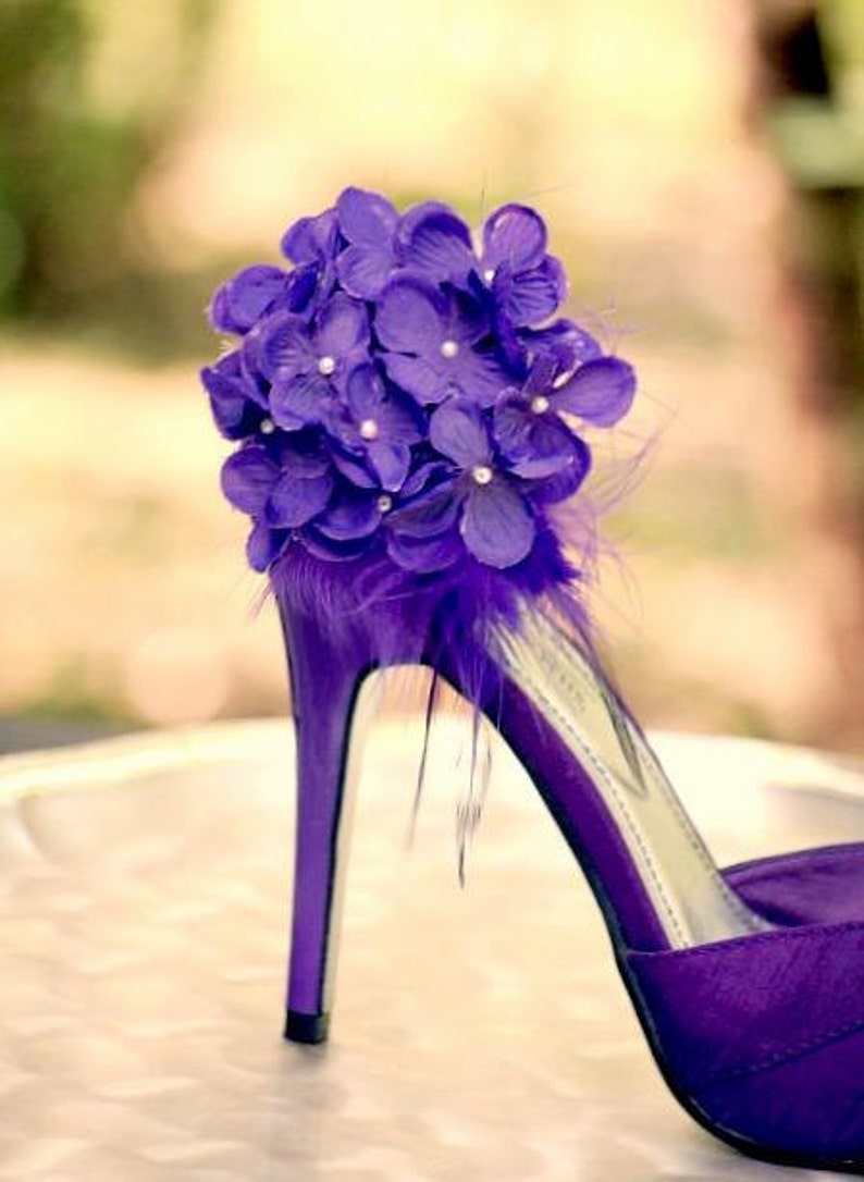 Royal Purple Blue Red Hydrangeas Shoe Clips Sophisticated Bride Bridal Bridesmaid Couture Wedding Pearl /& Feather Bloom Bunch Petals