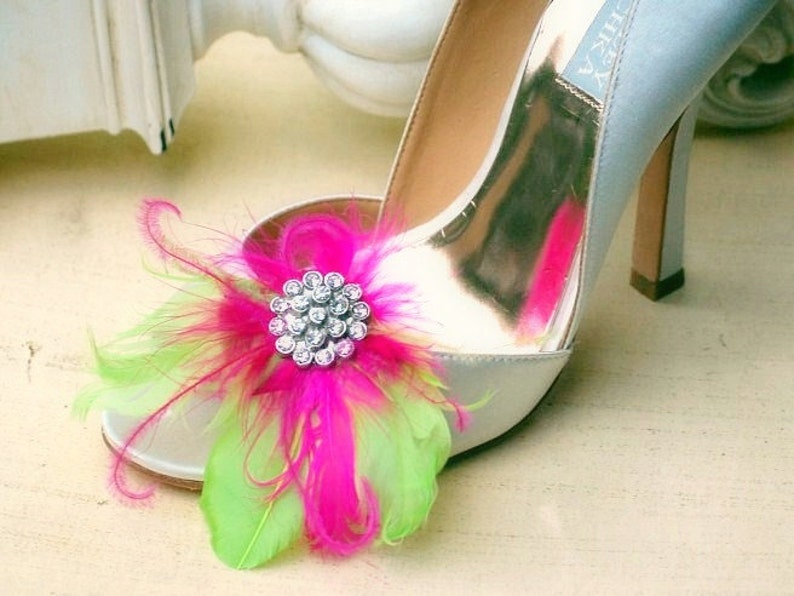 Statement Shoe Clips. Fuschia Feathers Couture Bridal Bridesmaid Bachelorette Sophisticated, Rhinestone Crystals, Bright Ostrich Goose Green image 2