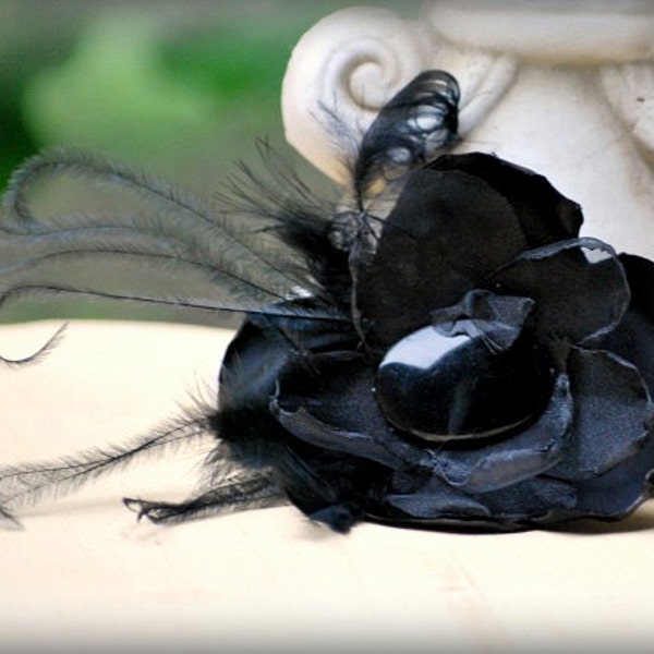 Black Flower Fascinator Comb / Clip / Brooch Pin. Etsy Handmade Wedding Fashion. Gossip Girl Gift, Noir Couture, Bride Statement Feather Pin