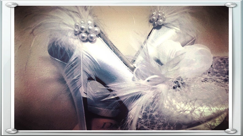 Wedding Shoe Clips Ivory White Black Feather & Pearl / Rhinestone. Bride Bridesmaid, Engagement Bridal Shower Gift, Spring Sparkle Burlesque image 1
