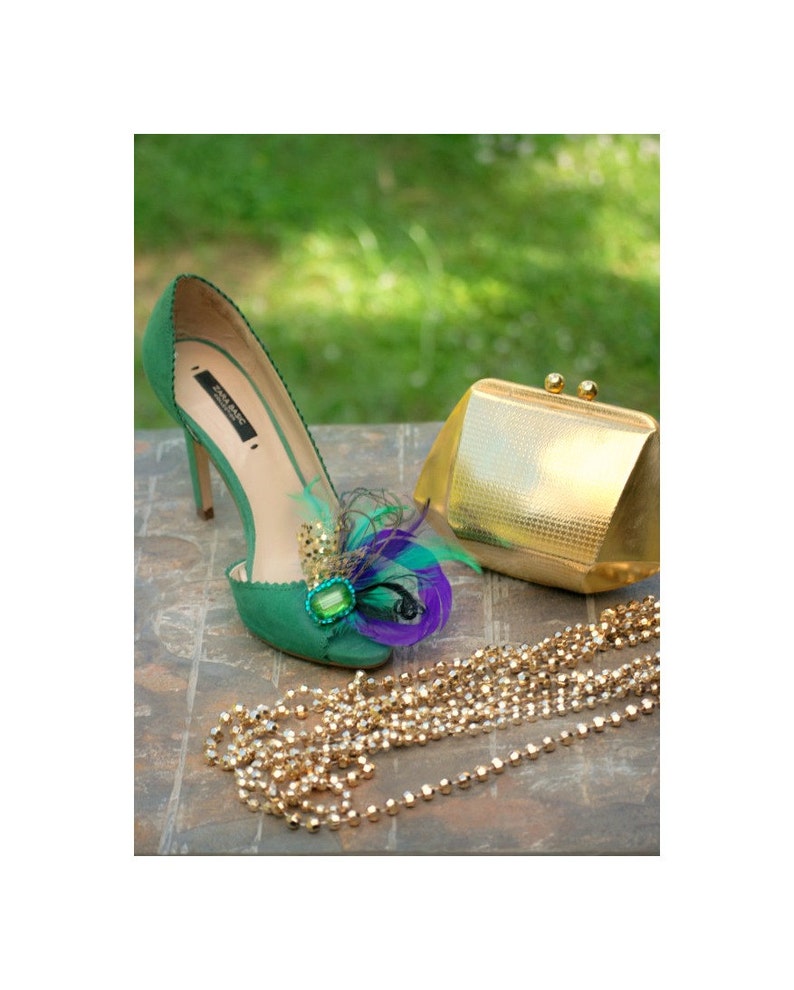 Wedding Shoe Clips. Mardi Gras Golden Gold Purple & Green Feathers. Bride Bridal Bridesmaid. Gift Clip. Emerald Glass Beads. Masquerade Date image 5