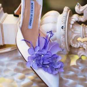 Shoe Clips Lavender Hydrangeas & Feathers. Stylish Elegant Garden Tea Party, also blue ivory apple green pink teal, Pearl / Rhinestone gem image 2