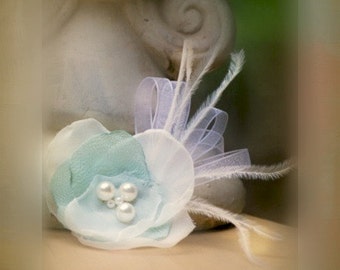 Ivory & Celadon Flower Fascinator Comb / Hair Clip / Brooch Pin / Barrette, Quinceanera Pageant, Bride Bridal Bridesmaid, Handmade Chic Gift