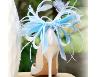 Shoe Clips Blue White Anemone Plumes Bow. French Christian Louboutin Inspired, Sophisticated Statement, Bleu Spring Wedding Bold Extravagant