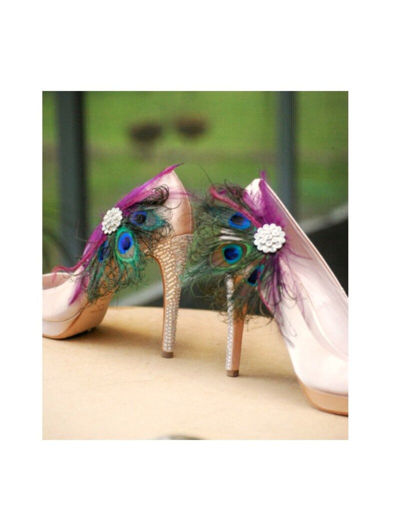 Wedding Peacock Feather Shoe Clips. Rose Pink & Rhinestone. Etsy