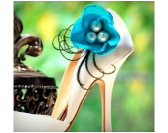 Wedding Shoe Clips. Something Blue Flower. Turquoise Aquamarine Ivory White Purple Pink Statement Fashion. Handmade Couture Bride Bridesmaid