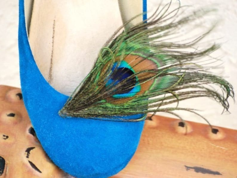 Feminine Burlesque Statement Teal Green Tan Shoe Clips Royal Iridescent Peacock Rockabilly Couture Bridal Bride Maid of Honor Summer Glam