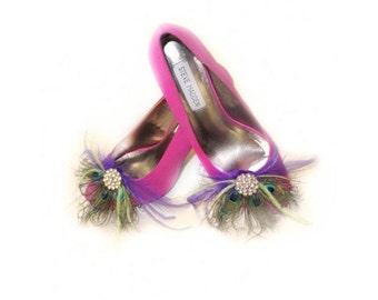 Shoe Clips Peacock & Purple Feathers Fan, Feminine Rhinestone Crystal, Spring Couture Bride Bridal Bridesmaid, Rockabilly Statement Fabulous