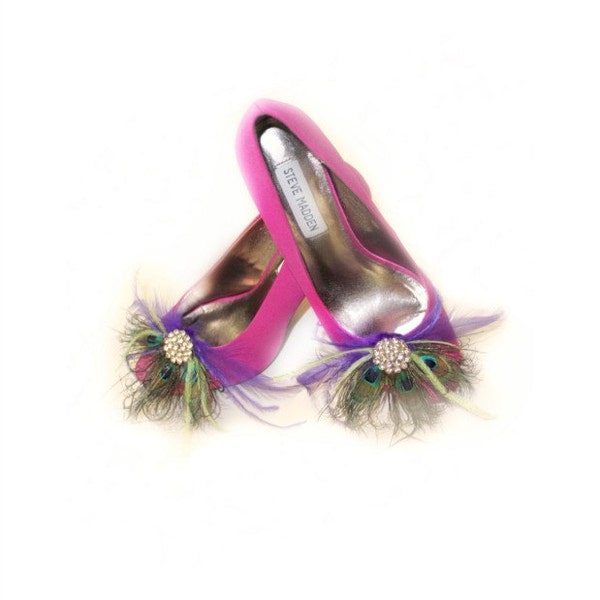 Shoe Clips Peacock & Purple Feathers Fan, Feminine Rhinestone Crystal, Spring Couture Bride Bridal Bridesmaid, Rockabilly Statement Fabulous