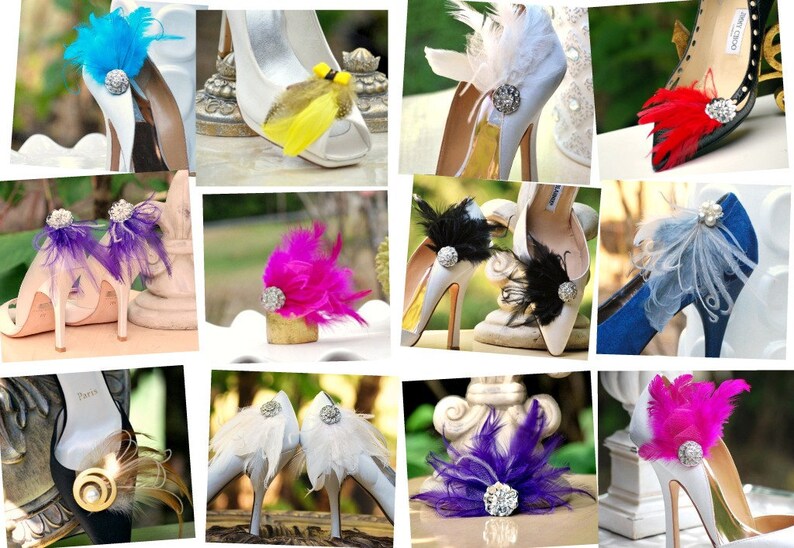 Chic Statement Edgy Bold Cocktail Burlesque Bride Bridal Bridesmaid Couture Shoe Clips Set Fuchsia Fuschia Hot Pink Feathers Rhinestone