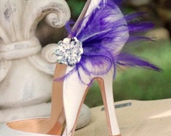 Shoe Clips Royal Purple Feathers & Silver Sequins. Wedding Bride Bridesmaid Couture. More Green Pink Ivory Red White Blue. Boudoir Burlesque