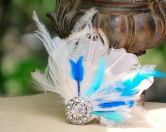 Something Aqua Blue & Ivory Fascinator Comb. Turquoise / White - Rhinestone. Classy Chic Statement Spring Wedding, Bridal Bride Couture Fan