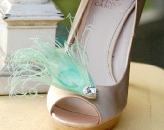 Something Blue Shoe Clips. Aqua Mint Peacock & Rhinestone Gem, Elegant Big Day, Couture Statement Stunning Boudoir, Bride Bridal Bridesmaid