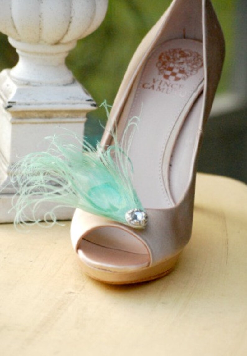 Something Blue Shoe Clips. Aqua Mint Peacock & Rhinestone Gem Etsy