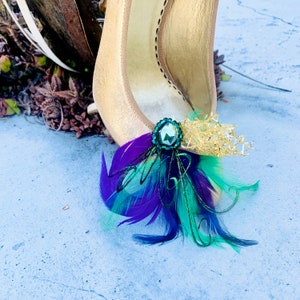 Wedding Shoe Clips. Mardi Gras Golden Gold Purple & Green Feathers. Bride Bridal Bridesmaid. Gift Clip. Emerald Glass Beads. Masquerade Date image 1