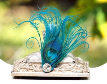 Wedding Turquoise Peacock Hair Clip / Comb / Bobby Pin. Formal Event Feather & Pearl / Rhinestone Accessory. Feminine Girly Teen Homecoming