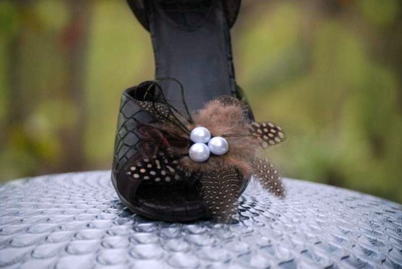 Shoe Clips Champagne Brown & Black Feathers Pearls. Big Day Etsy