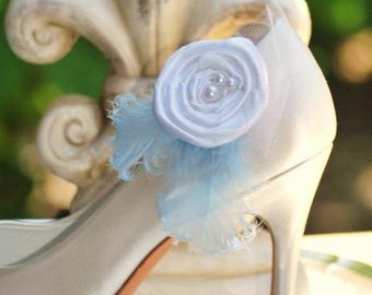 Bridal Blue Shoe Clips Ivory or White Pearls Feathers. Handmade Feminine Beige, Baby Sky Bleu Azure Pastels, Spring Couture Bride Bridesmaid