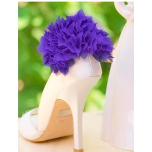 Shoe Clips Dark Deep Purple Ruffles. Handmade Gift, Feminine Delicate Bride Bridal, colors Ivory White, Wedding Date, Chiffon Organza Fabric image 1