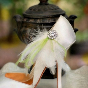 Shoe Clips Lime Green & Ivory / White / Black Feathers Rhinestone. Bride Bridal Bridesmaid MOH, Lush Chic Edgy Birthday, Statement Feminine image 2