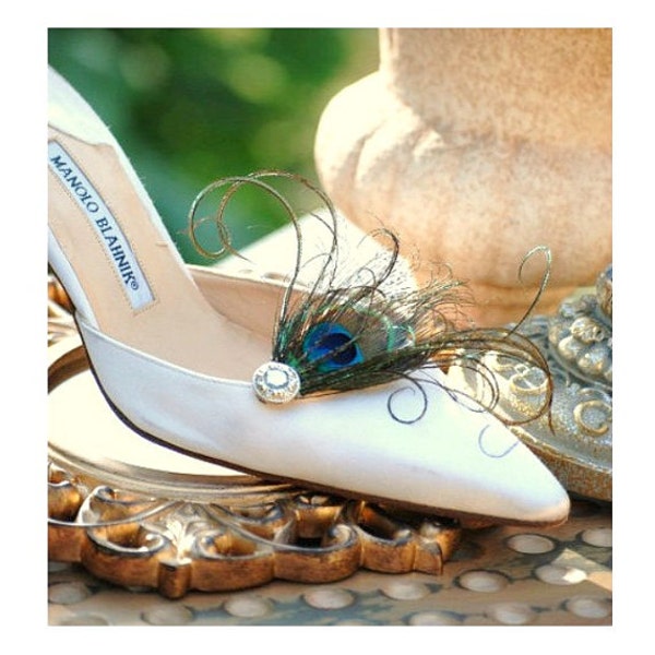 Sparkly Peacock Shoe Clips. Statement Stylish Derby, Chic Feminine Couture Feather, Peridot Iridescent Teal Green Aqua Blue, Bride Gift Idea