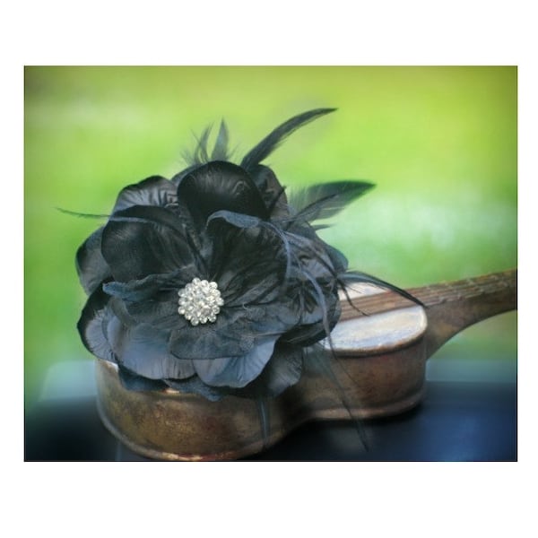 Wedding Black Flower Pin / Clip / Comb. Vintage Millinery Style. Bridal Bride Drama, Romantic Romance Unique Timeless. Ebony Feathers Silk