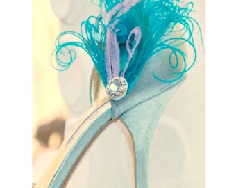 Something Blue Shoe Clips. Turquoise Peacock Lavender / Lilac & Rhinestone Big Day. Couture Statement Chic Spring, Bride Bridal Bridesmaids