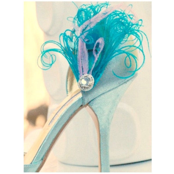 Something Blue Shoe Clips. Turquoise Peacock Lavender / Lilac & Rhinestone Big Day. Couture Statement Chic Spring, Bride Bridal Bridesmaids