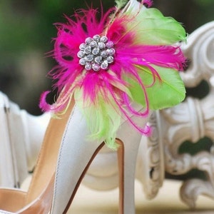 Statement Shoe Clips. Fuschia Feathers Couture Bridal Bridesmaid Bachelorette Sophisticated, Rhinestone Crystals, Bright Ostrich Goose Green image 3