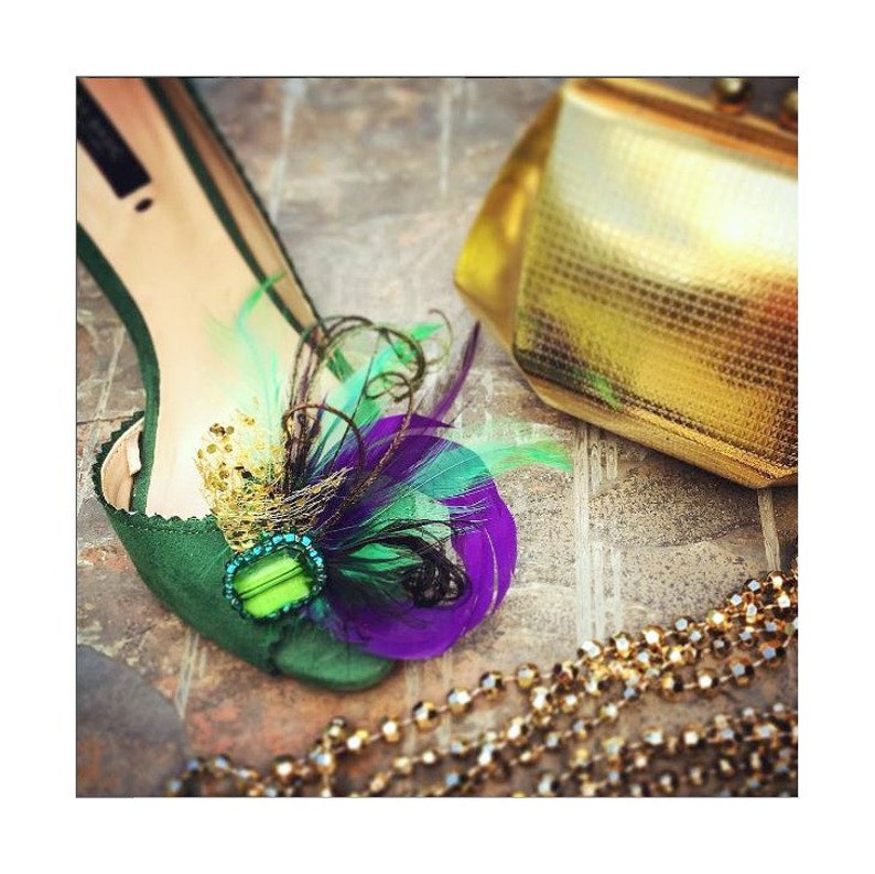 Wedding Shoe Clips. Mardi Gras Golden Gold Purple & Green Feathers. Bride Bridal Bridesmaid. Gift Clip. Emerald Glass Beads. Masquerade Date image 2