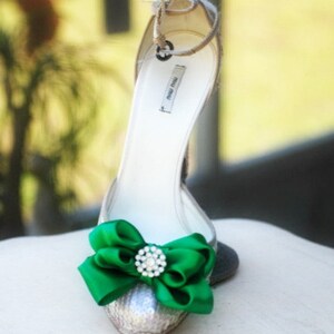 Shoe Clips Bow Kelly Green. Yellow Tangerine Orange Blue Purple Red. White Ivory Pearl / Rhinestone. St Patricks Day Bright Satin Ribbon Bow