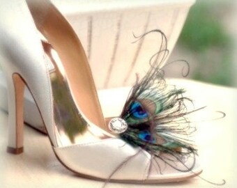 Fancy Peacock Shoe Clips. Couture Bride Bridesmaid Bridal, Burlesque Stunning Rockabilly, Bronze Iridescent Metallic, Friend Girlfriend Gift