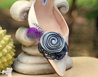 Grey Charcoal & Plum Swirl Rosette Shoe Clips or Hair Pins. Bride Bridal Party m2m Bridesmaid, Guinea Feather Pearl Lace, Fun Preppy Pretty