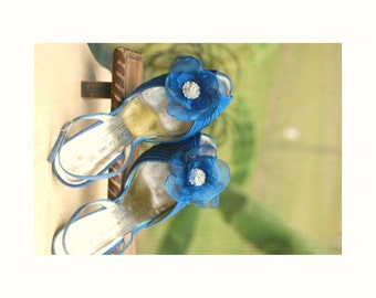 Dazzling Shoe Clips. Something Royal Cobalt Blue White Red Ivory Teal Purple Organza Flower. Spring bride bridal couture. Wedding rockabilly