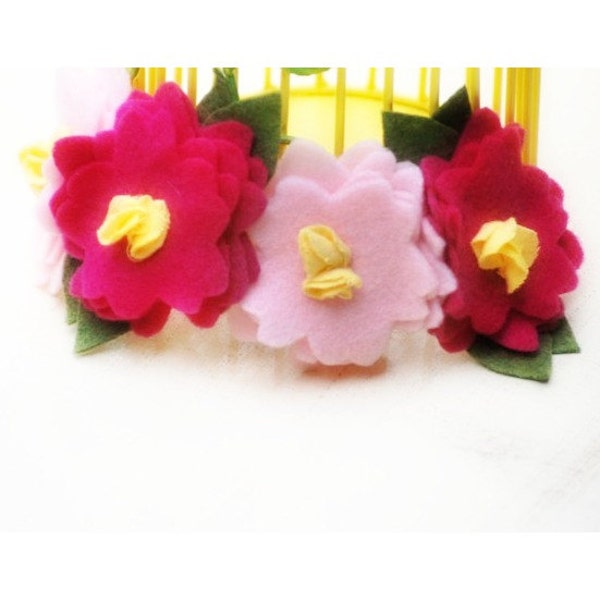 Stylish Flowers Headband. Fuchsia Hot Pink Olive Green Yellow Felt Hair Head Clip. Preteen Teen Toddler Baby Newborn Girl Fancy Fashion Band