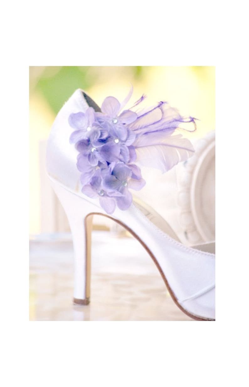 Shoe Clips Lavender Hydrangeas & Feathers. Stylish Elegant Garden Tea Party, also blue ivory apple green pink teal, Pearl / Rhinestone gem image 1