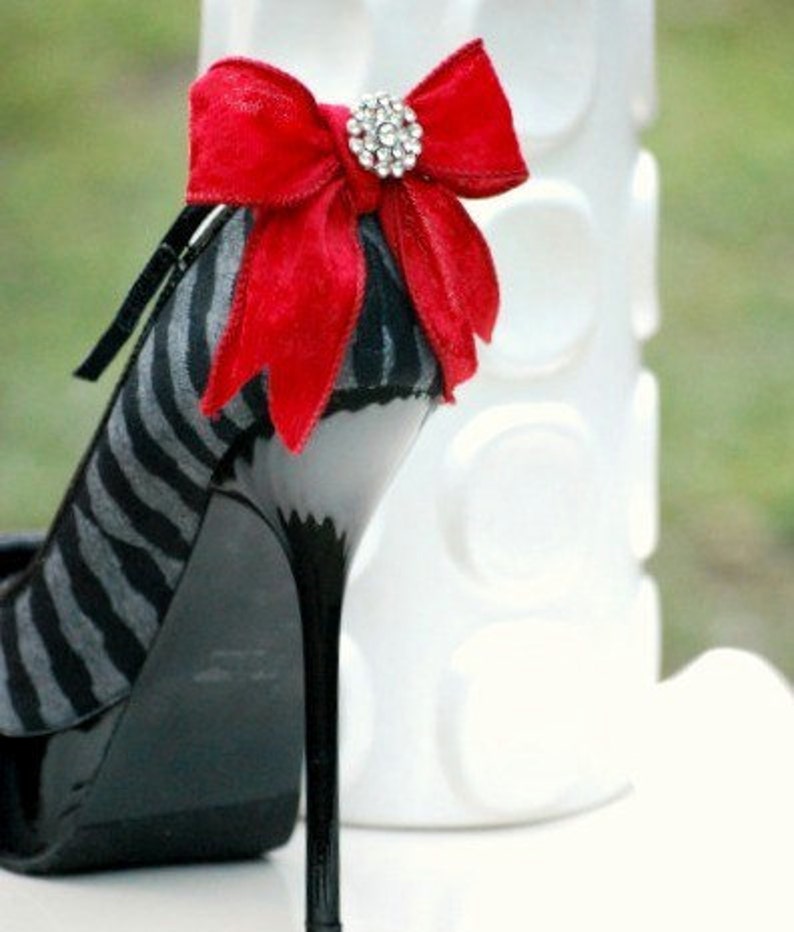 Red Velvet Bow Sparkly Crystals Shoe Clips Set. Bride Bridal Etsy