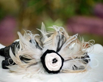 Wedding Hair Comb / Clip Champagne Ivory Beige & Black Feathers. Bride Bridal Bridesmaid, Edgy Summer Fashion Brooch Pin, Statement Boudoir