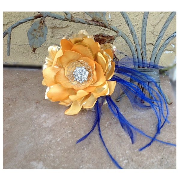 Gold Yellow & Royal Blue Hair Clip or Comb. Eggplant, Red, Amethyst Flower. Fascinator Bride Bridal Bridesmaid, Rhinestone Crystals Pearls