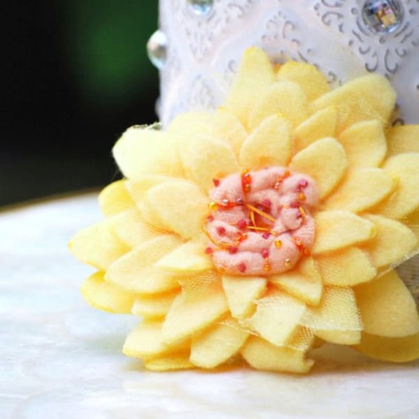 Yellow Flower Hair Clip, Brooch Pin, Headband. Happy Orange Blush Peach Salmon, Spring Shabby Chic Princess, Toddler Stylish Birhtday Gift