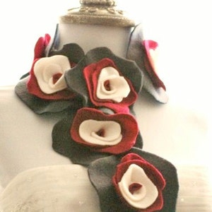 Grey Red Ivory Scarflette. Edgy Collar Feminine Ruffle Rose Rosette, Garden Chic Party, Ruby Gray Beige Charcoal, Floral Youthful Preppy Fun image 1